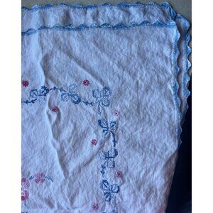 Vintage White Linen Tablecloth Blue Crocheted Edge & Floral Cross Stitch Embroid